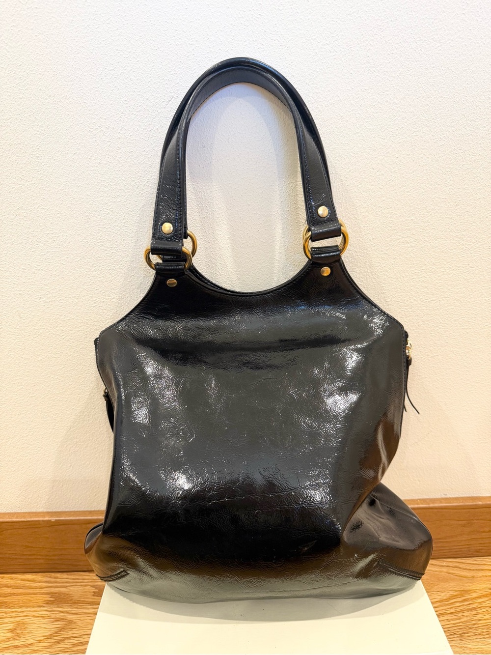 Vintage YVES SAINT LAURENT YSL Tribute Black Leather Shoulder Tote Bag Italy